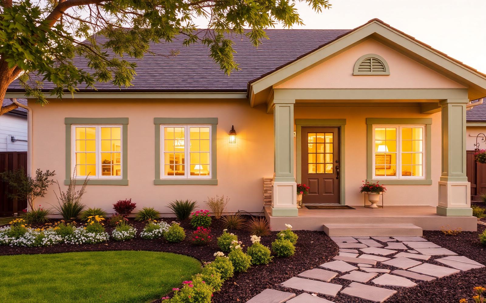 The welcoming exterior of the residence at golden hour