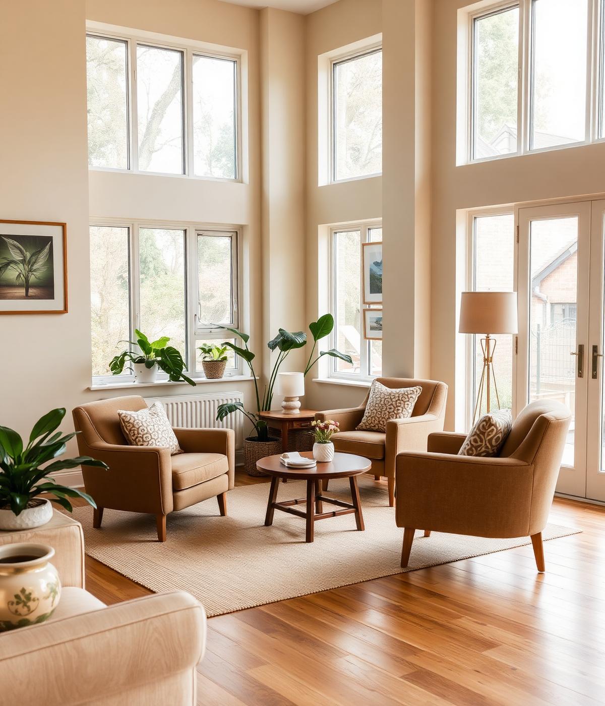 A bright shared living room with armchairs, plants and large windows